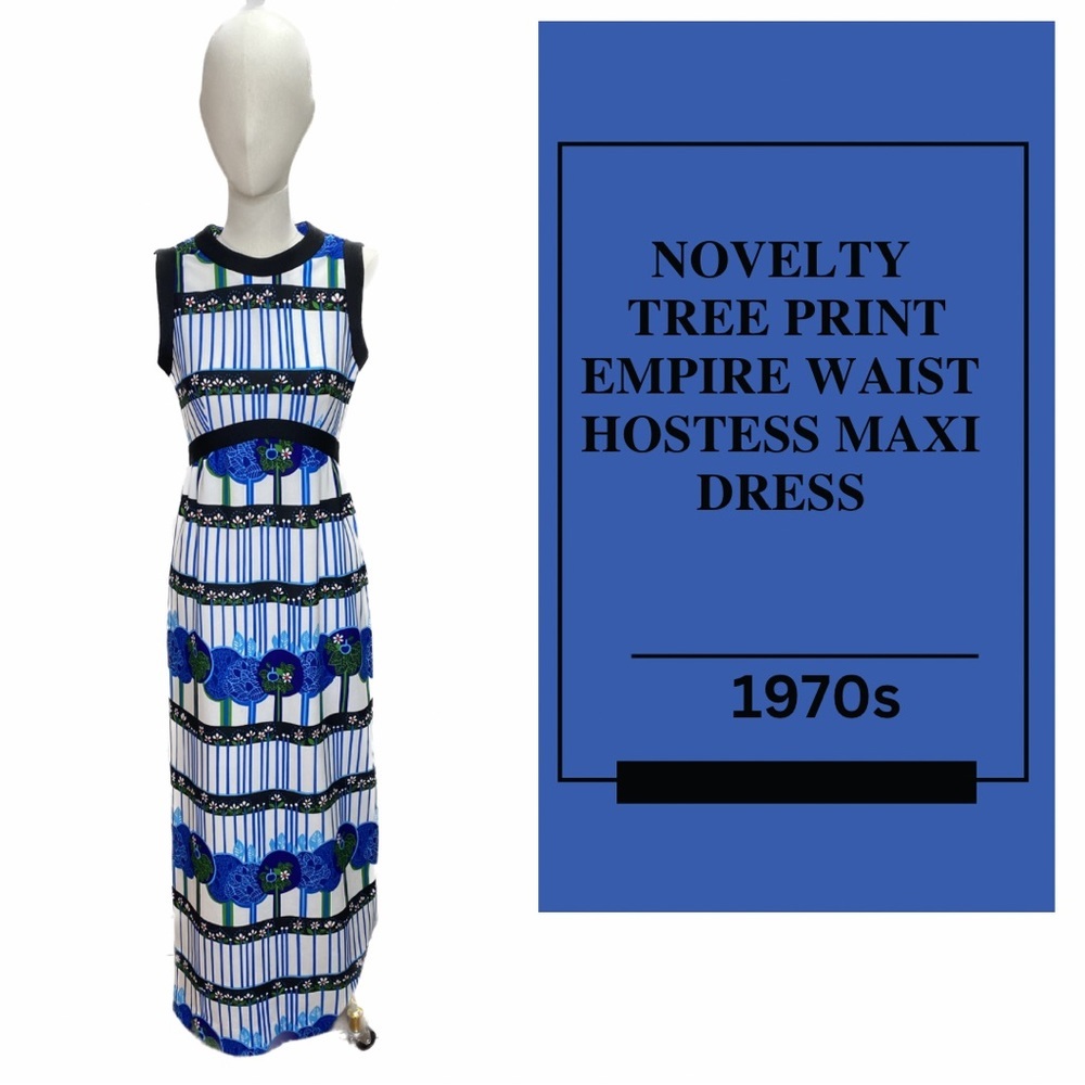 Vintage 70s Leslie Fay Novelty Whimsical Tree Forrest Print Hostess Maxi Dress